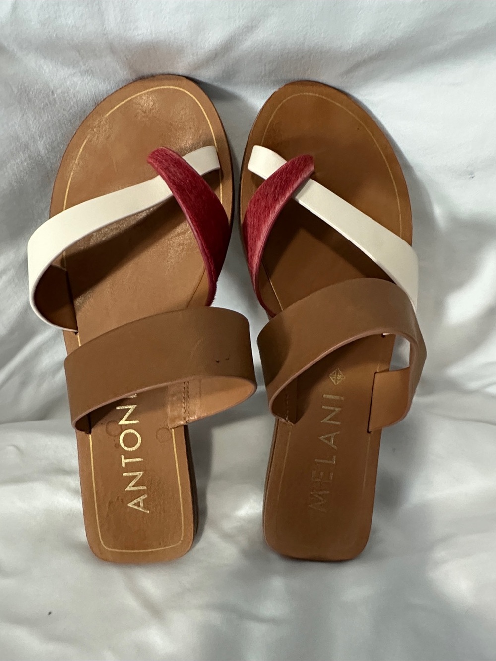 ANTONIO MELANI Tan, White & Red Leather Slide Sandals